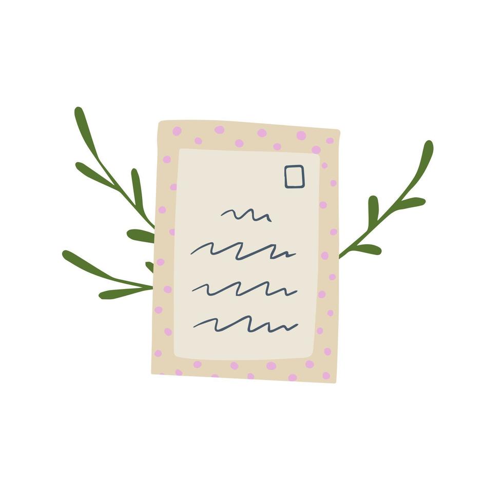 Briefumschlag mit Brief im Kunst Papier mit Grün Pflanze. Schöne Grüße und Korrespondenz. handgemacht Blatt mit Post. Post- Einladung. Karikatur Illustration vektor