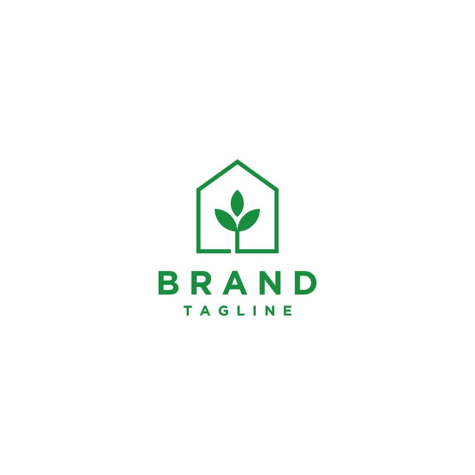 växthus logotyp och löv i enkel rader. minimalistisk hus logotyp design med löv inuti. vektor