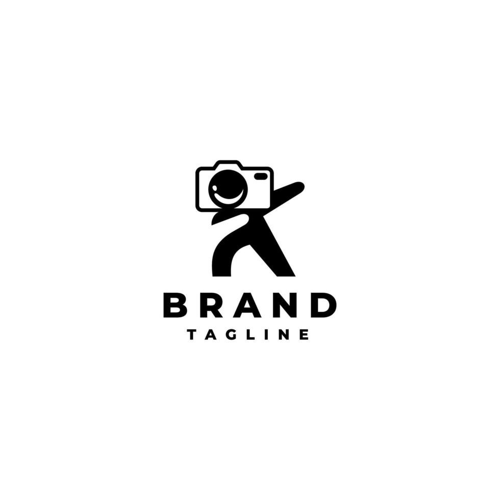 en unik och intressant logotyp mall handla om fotografi var de kamera är illustrerade som en mänsklig vem är Framställ Lycklig. vektor