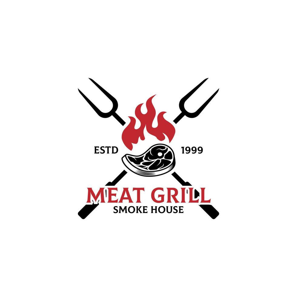 kött grill rök hus logotyp design, grill och bar med brand, kött, grill gaffel vektor