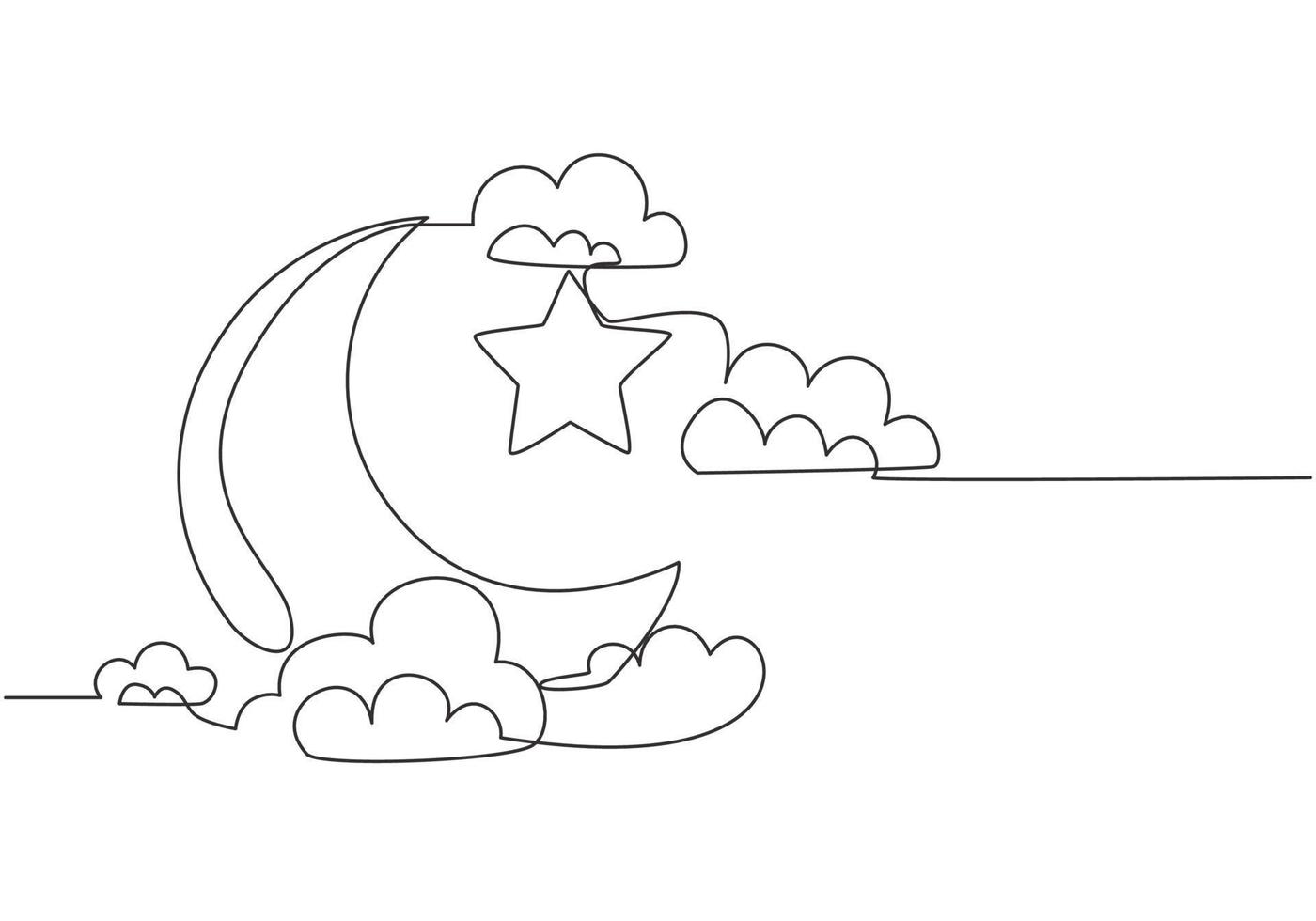 einer Single Linie Zeichnung von islamisch Ornament mit Mond und Star und wolkig Himmel auf Weiß Hintergrund. Ramadan kareem Gruß Karte, Banner, und Poster Konzept. kontinuierlich Linie zeichnen Vektor Illustration