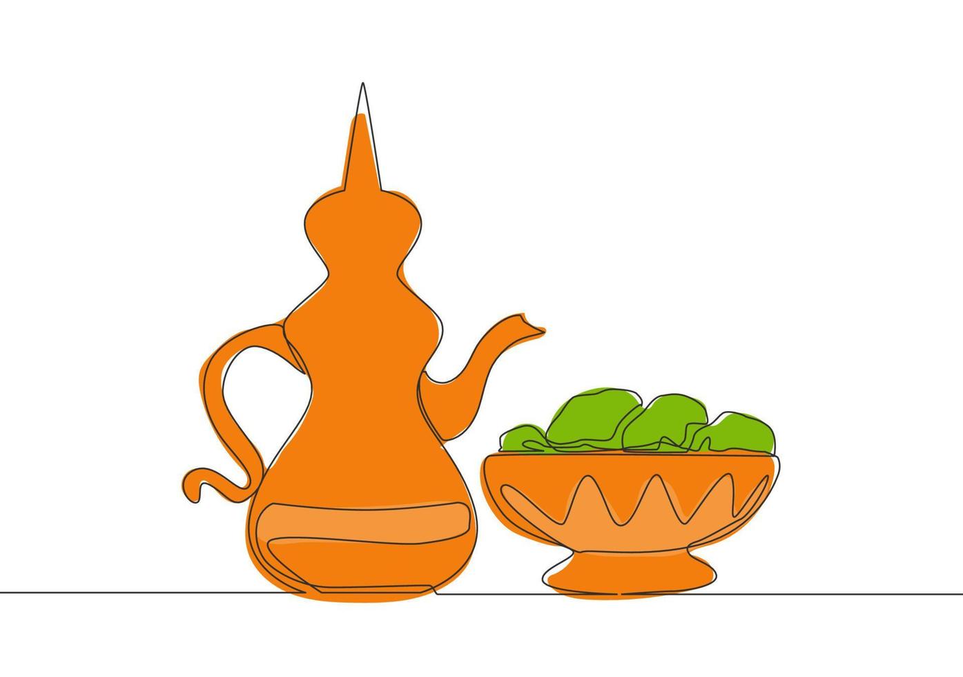 einer Single Linie Zeichnung von Teekanne in der Regel enthält zam zam Wasser und Termine Obst auf ein Platte. Essen und trinken zu Essen nach Fasten Konzept kontinuierlich Linie zeichnen Design Vektor Illustration