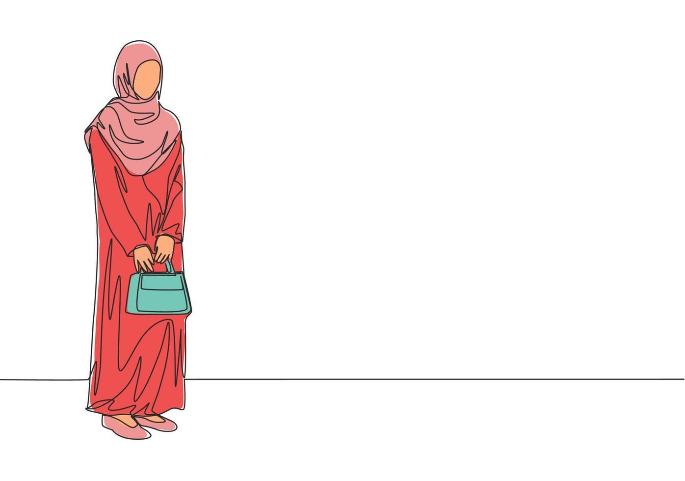 ett kontinuerlig linje teckning av ung attraktiv muslim med traditionell arab trasa innehav väska. skönhet asiatisk kvinna modell i trendig hijab mode begrepp. enda linje dra design vektor illustration