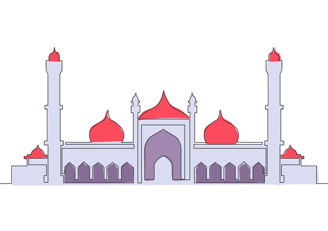 enda kontinuerlig linje teckning av islamic historisk landmärke masjid eller moskén. historisk konstruktion den där använda sig av som en plats av be för islamic person begrepp ett linje dra design vektor illustration