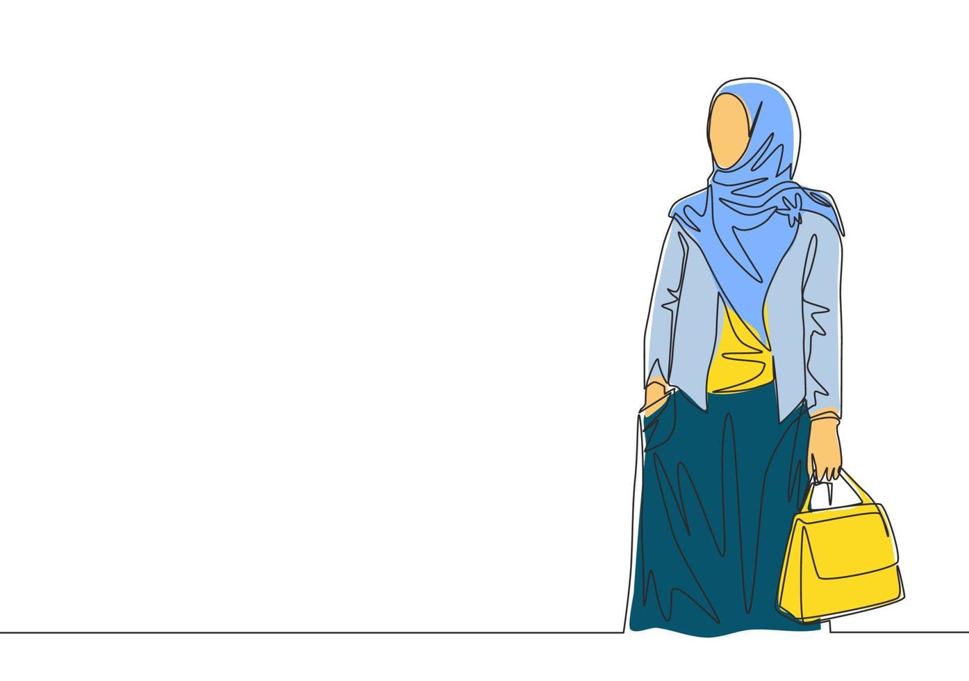 einer Single Linie Zeichnung von jung attraktiv glücklich muslimah tragen Schleier und halten Tasche Tasche auf Hand. schön Frau im modisch Hijab Mode Konzept kontinuierlich Linie zeichnen Design Vektor Illustration