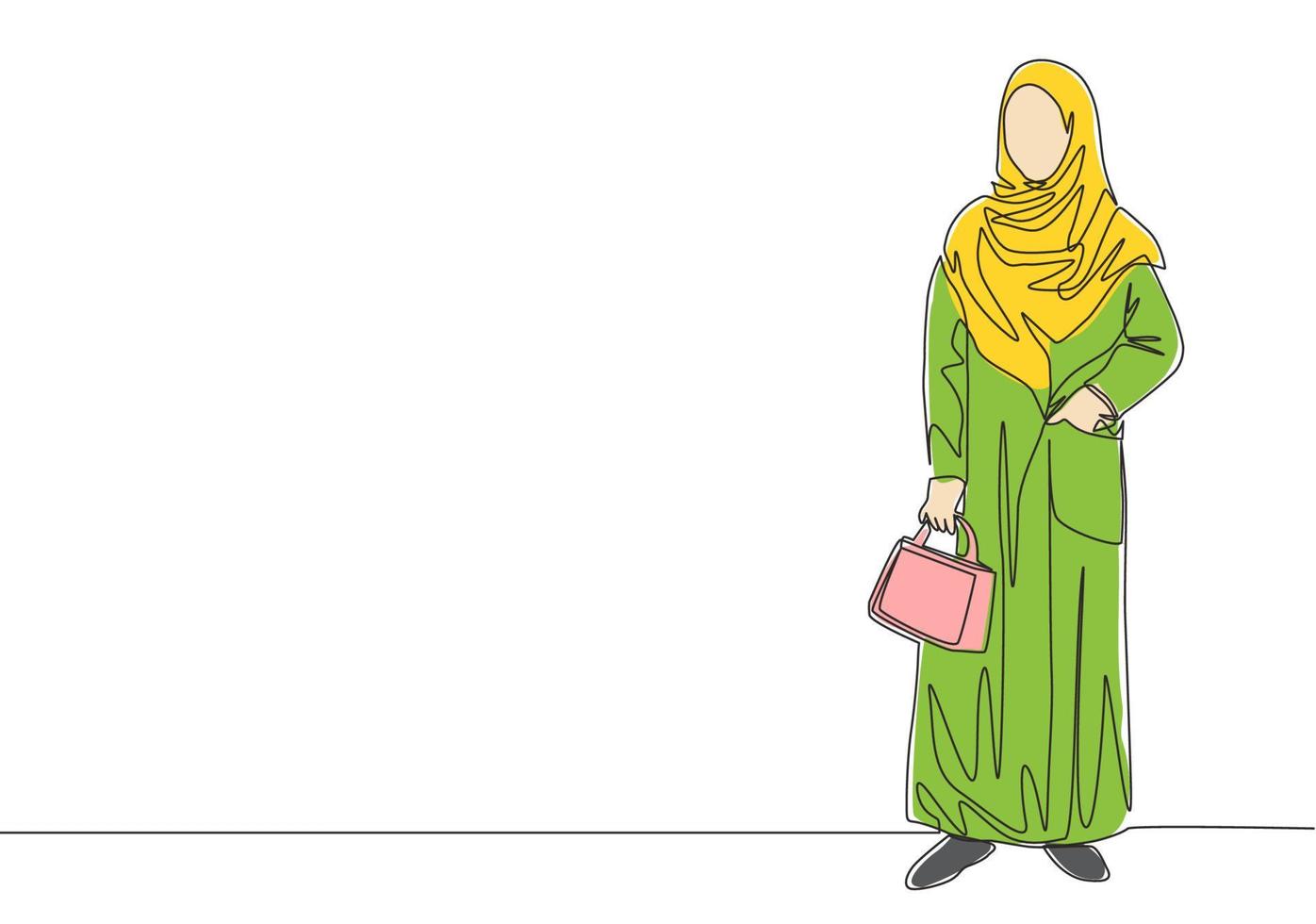 einer kontinuierlich Linie Zeichnung von jung ziemlich muslimah auf traditionell arabisch Stoff Tragen Pocker Tasche. Schönheit asiatisch Frau Modell- im modisch Hijab Mode Konzept Single Linie zeichnen Design Vektor Illustration