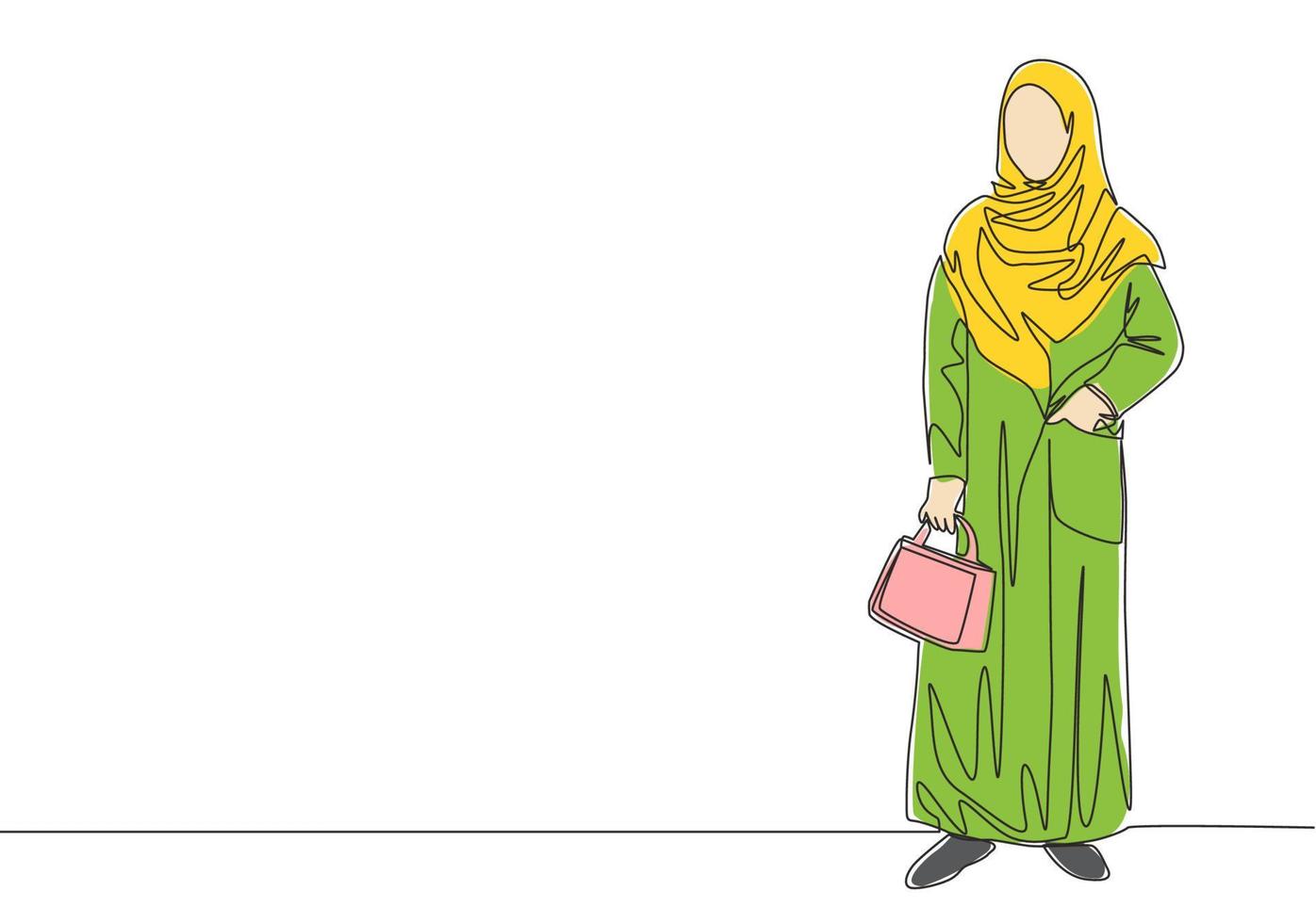 ett kontinuerlig linje teckning av ung Söt muslim på traditionell arab trasa bärande pocker väska. skönhet asiatisk kvinna modell i trendig hijab mode begrepp enda linje dra design vektor illustration