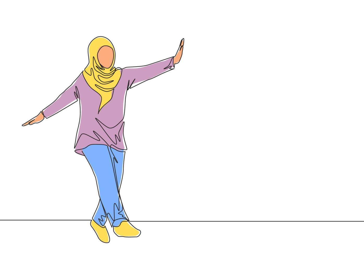 einer kontinuierlich Linie Zeichnung von jung schön glücklich muslimah mit Kopftuch tanzen auf Straße Straße. Schönheit asiatisch Frau Modell- im modisch Hijab Mode Konzept Single Linie zeichnen Design Vektor Illustration