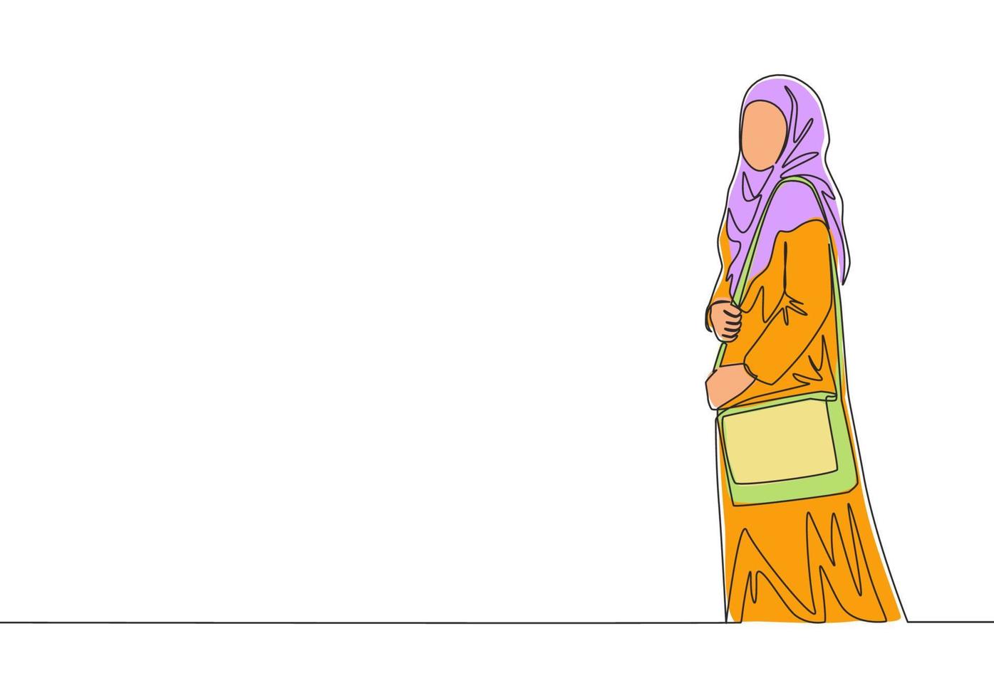 ett kontinuerlig linje teckning av ung Söt muslim på islamic trasa bärande handväska till hänga. skönhet asiatisk kvinna modell i trendig hijab mode begrepp enda linje dra design vektor illustration