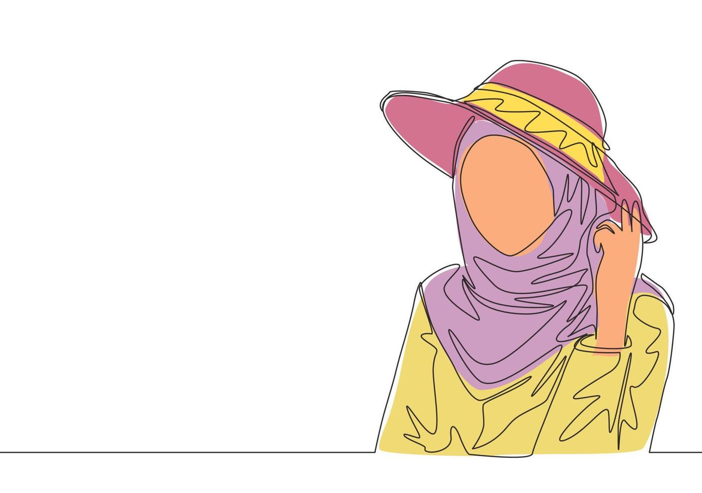 Single kontinuierlich Linie Zeichnung von glücklich jung süß muslimah tragen Kopftuch mit Hut und Pose schön. Schönheit asiatisch Frau Modell- im modisch Hijab Mode Konzept einer Linie zeichnen Design Vektor Illustration