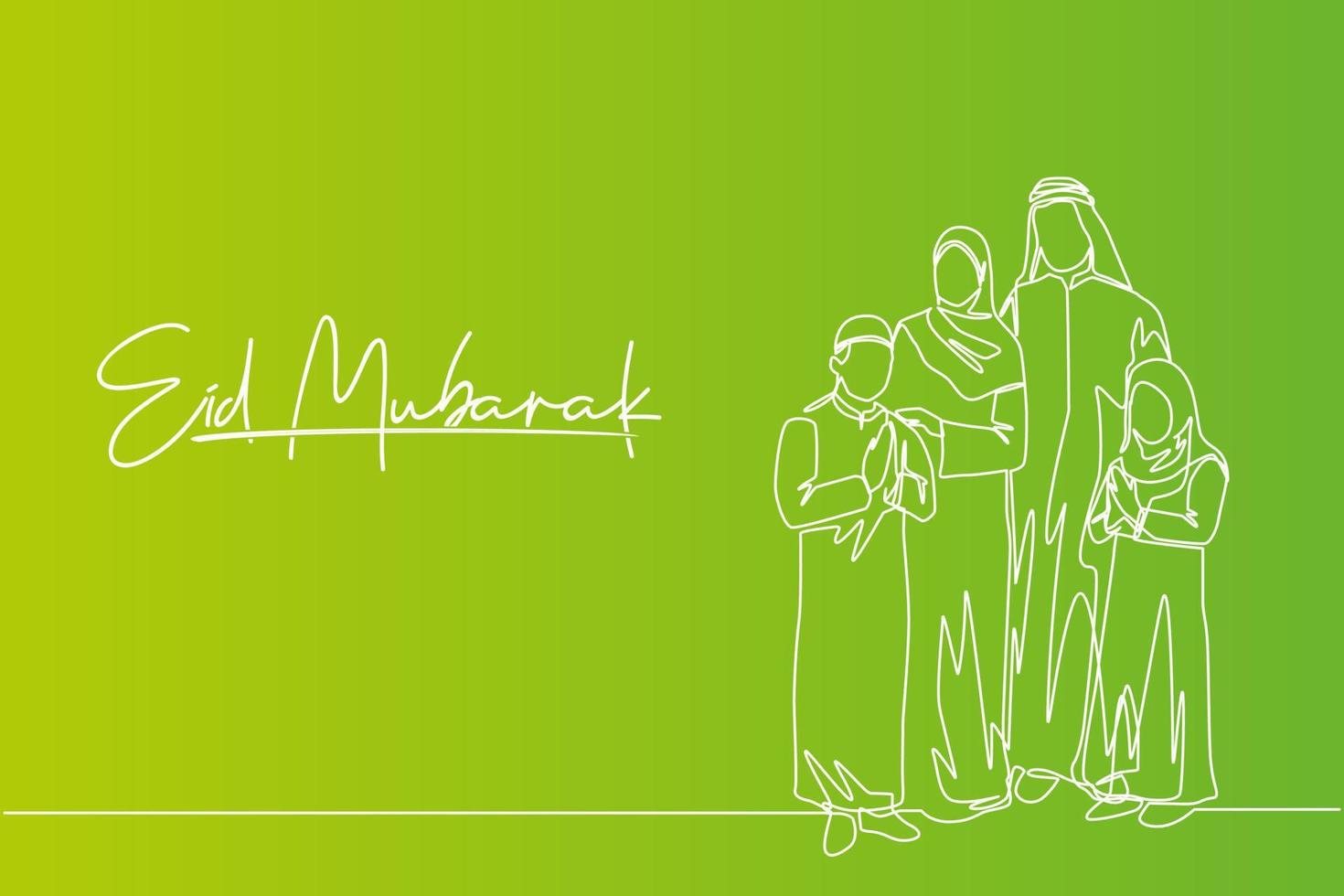 eid al fitr Mubarak Gruß Karte, Banner und Poster Design. einer kontinuierlich Linie Zeichnung von Muslim arabisch Familie - - islamisch Vater, Mutter, Tochter und Sohn. Single Linie zeichnen Vektor Illustration