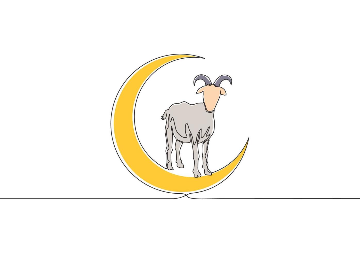 einer kontinuierlich Linie Zeichnung von Schaf Stehen auf Mond. Muslim Urlaub das Opfern ein Schaf, eid al adha Gruß Karte Konzept Single Linie zeichnen Design Illustration vektor