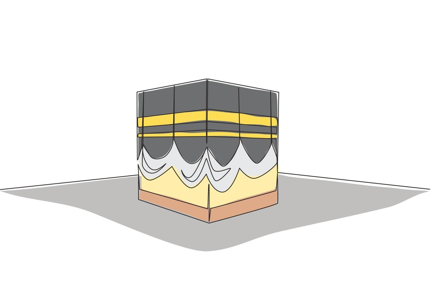 einer kontinuierlich Linie Zeichnung von Kaaba Gebäude beim Mekka Stadt, Saudi Arabien. islamisch heilig Tag Ramadan kareem und eid al adha Gruß Karte Konzept Single Linie zeichnen Design Vektor Illustration