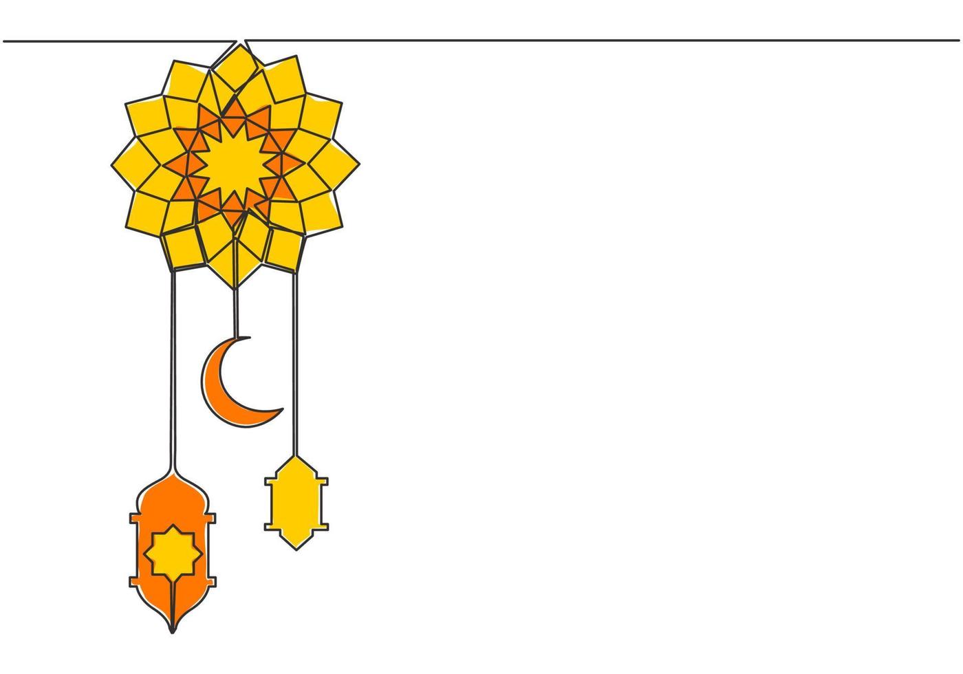 ramadan kareem hälsning kort, affisch och baner design bakgrund. ett enda linje teckning av muslim islamic stam- med lykta lampa och måne prydnad. kontinuerlig linje dra vektor illustration