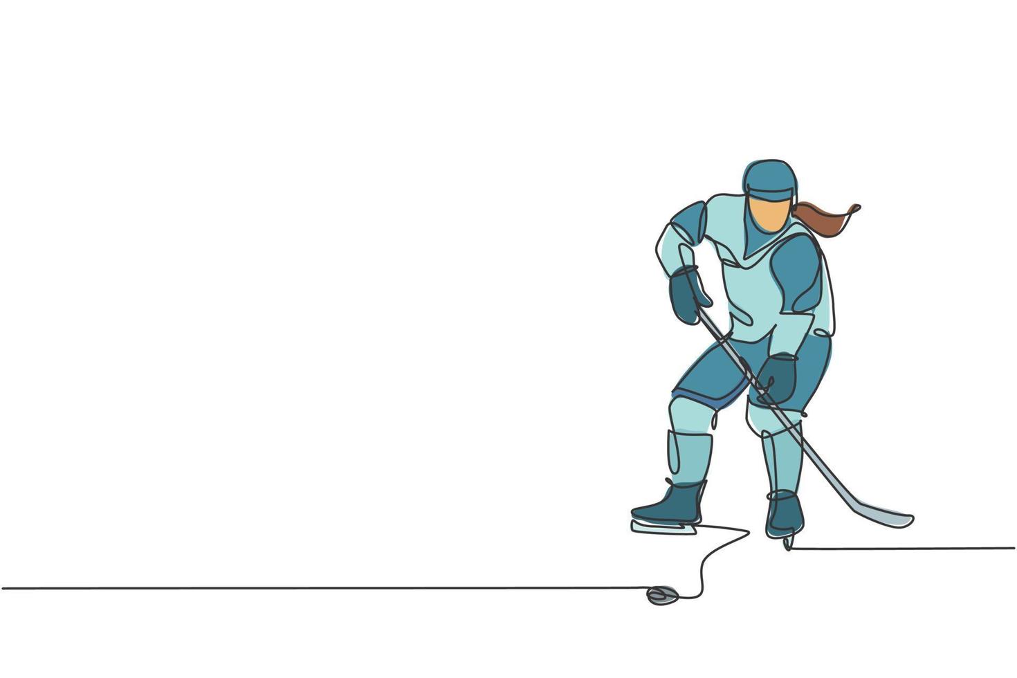 en enda linjeteckning av ung ishockeyspelare i aktion för att spela ett konkurrenskraftigt spel på isbanan grafisk vektorillustration. sport turnering koncept. modern kontinuerlig linjeritningsdesign vektor