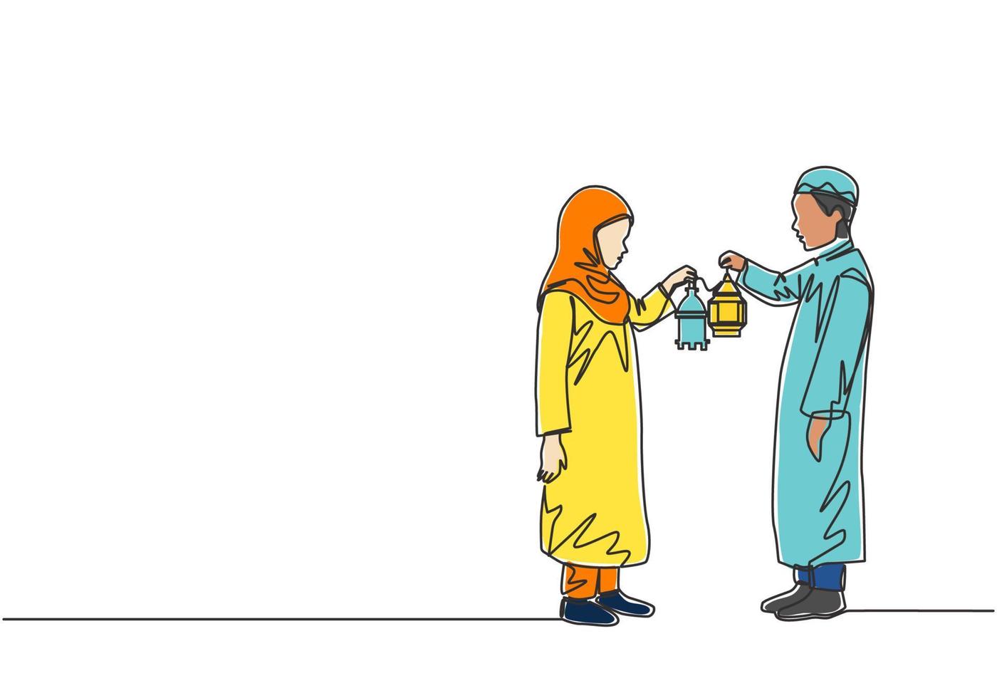 ramadan kareem hälsning kort, affisch och baner design bakgrund. enda kontinuerlig linje teckning av två ung muslim islamic pojke och flicka innehav lykta lampa. ett linje dra vektor illustration