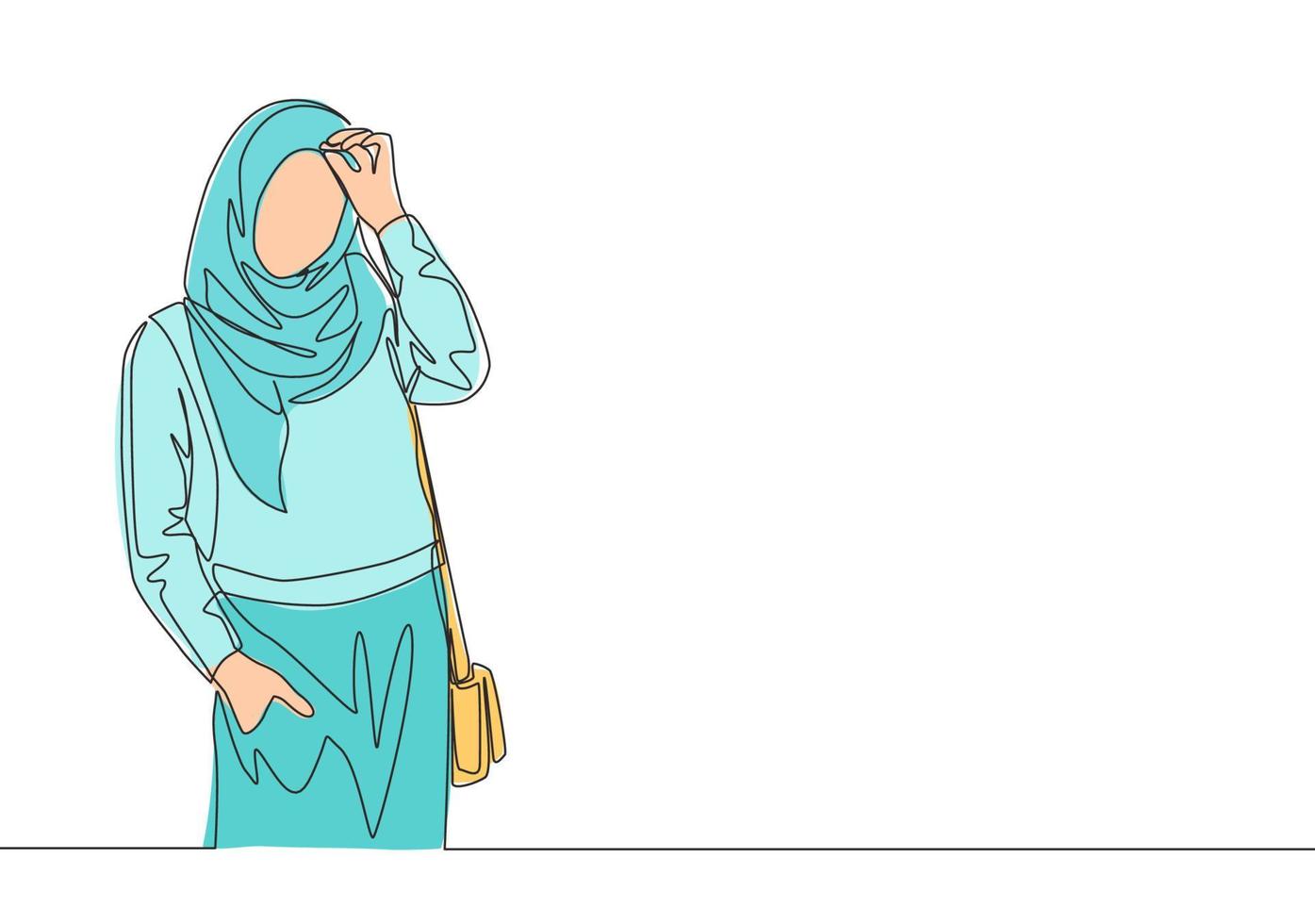 ett enda linje teckning av ung Lycklig skönhet muslim flicka med huvud scarf bärande handväska väska. söt asiatisk kvinnor modell i trendig hijab mode begrepp kontinuerlig linje dra design vektor illustration