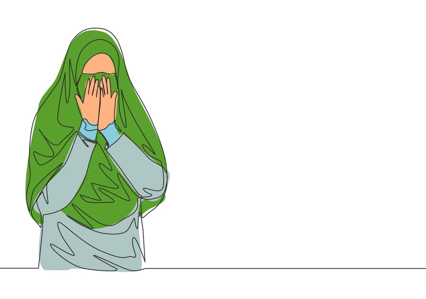 enda kontinuerlig linje teckning av ung söt saudi arab muslim bär burka och beläggning ansikte med händer. traditionell muslim kvinna niqaab hijab begrepp ett linje dra design vektor illustration