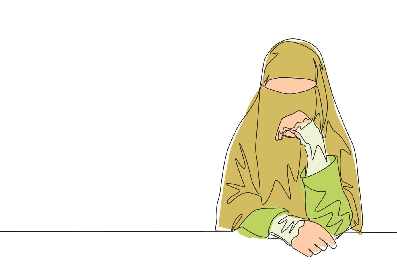 einer Single Linie Zeichnung von jung glücklich Schönheit Saudi arabisch muslimah tragen Burka und Sitzung auf Stuhl. traditionell arabisch Frau Niqab Stoff Konzept kontinuierlich Linie zeichnen Design Vektor Illustration