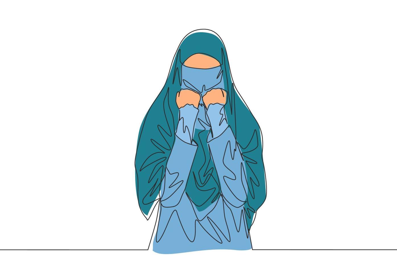 enda kontinuerlig linje teckning av ung attraktiv mitten öst muslim bär burka med huvud scarf. traditionell skönhet muslim kvinna niqaab med hijab begrepp ett linje dra design vektor illustration