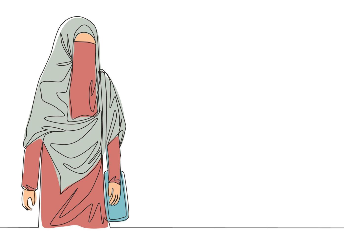 einer Single Linie Zeichnung von jung attraktiv asiatisch muslimah tragen Burka während Tragen Tasche Tasche. traditionell Schönheit arabisch Frau Niqab Stoff Konzept kontinuierlich Linie zeichnen Design Vektor Illustration