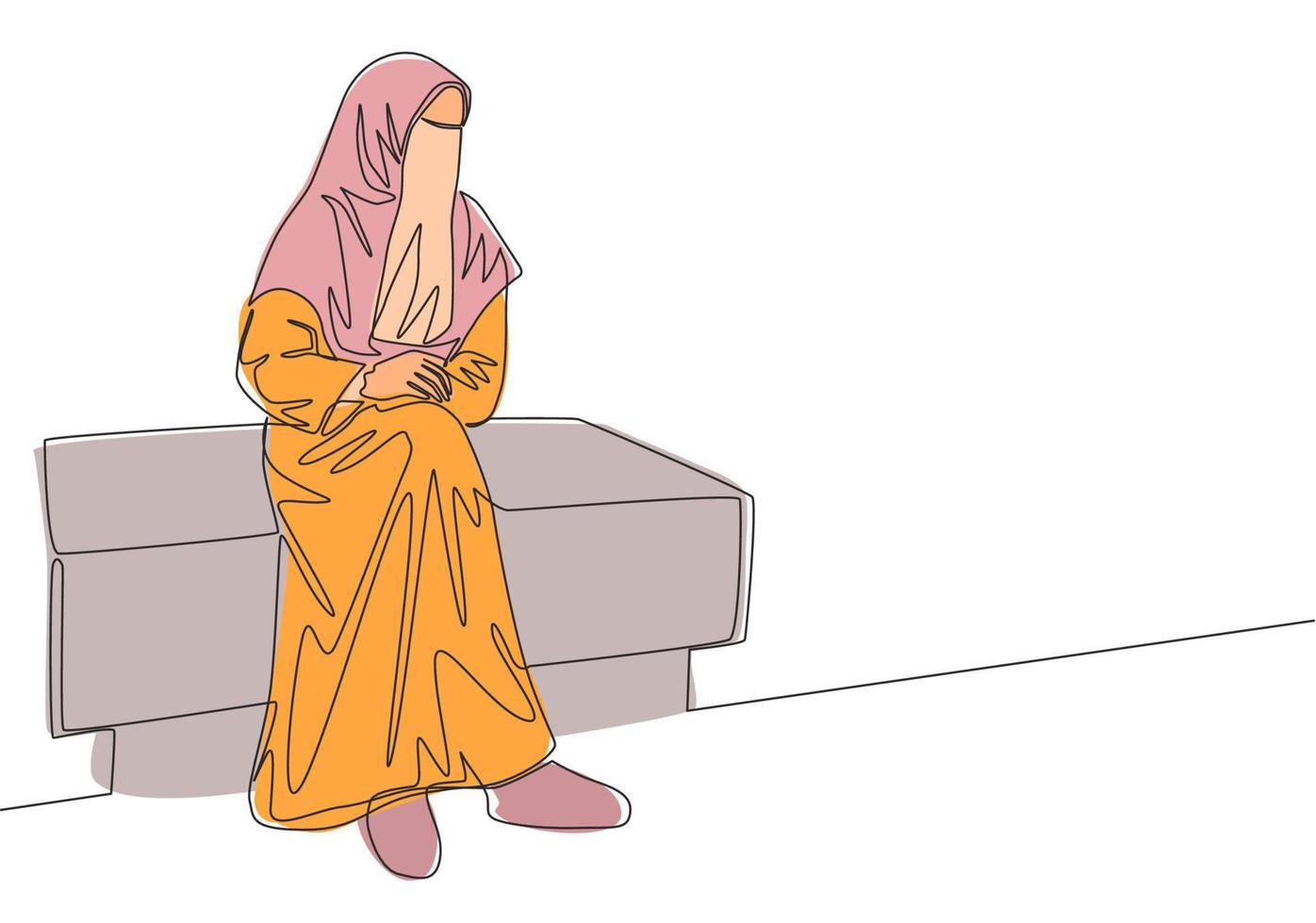 enda kontinuerlig linje teckning av ung attraktiv mitten öst muslim bär burka lokaliserings på stol. traditionell skönhet muslim kvinna niqaab med hijab begrepp ett linje dra design vektor illustration