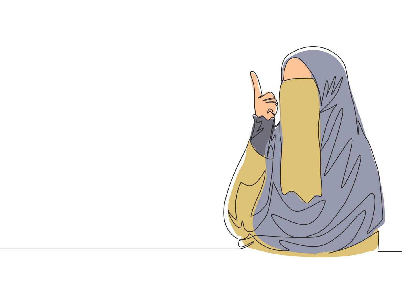 ett kontinuerlig linje teckning av ung skönhet asiatisk muslim bär burka medan pekande finger till de himmel. traditionell islamic kvinna niqaab klänning begrepp enda linje dra design vektor illustration