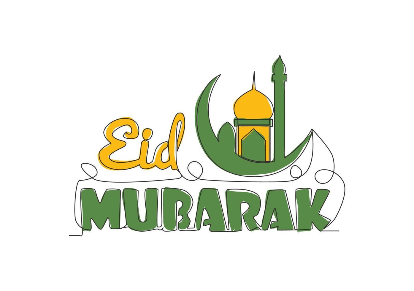 Single kontinuierlich Linie Zeichnung von glücklich eid al fitr Mubarak und Ramadan kareem Konzept. islamisch Urlaub kalligraphisch Design zum drucken, Gruß Karte, Banner, Poster. einer Linie zeichnen Design Illustration vektor