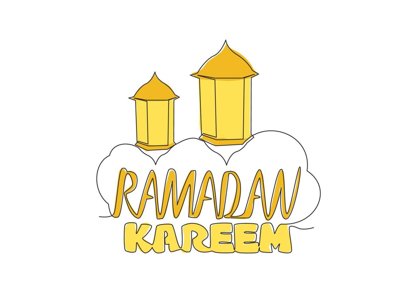 einer Single Linie Zeichnung von glücklich eid al fitr Mubarak und Ramadan kareem Konzept. islamisch Urlaub kalligraphisch Design zum drucken, Gruß Karte, Banner, Poster. kontinuierlich Linie zeichnen Design Illustration vektor