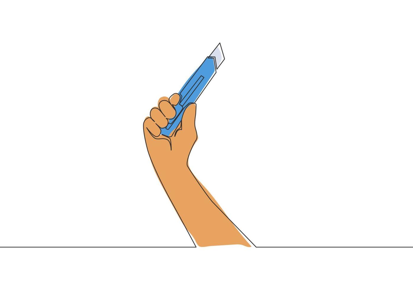 einer Single Linie Zeichnung von Mann halten Cutter Messer. Heimwerker Werkzeuge Konzept. kontinuierlich Linie zeichnen Vektor Design Illustration