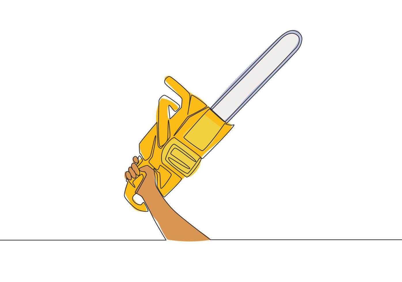 ett kontinuerlig linje teckning av man innehav motorsåg. snickare verktyg begrepp. enda linje dra vektor design illustration