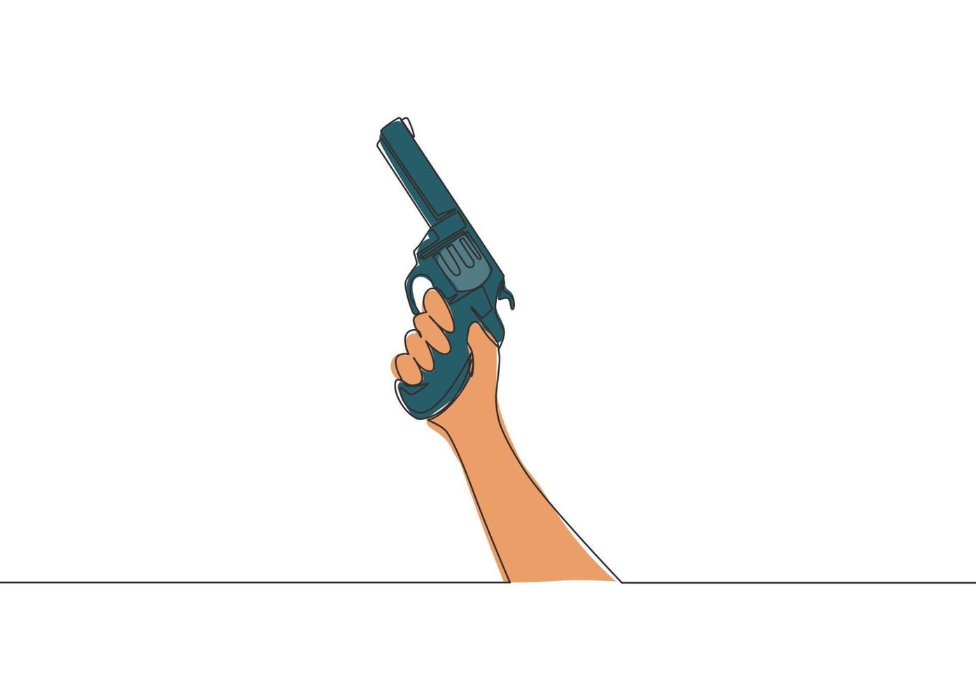 Single kontinuierlich Linie Zeichnung von Mann halten Revolver Hand Pistole. Verteidigung Waffe Konzept. einer Linie zeichnen Vektor Design Illustration