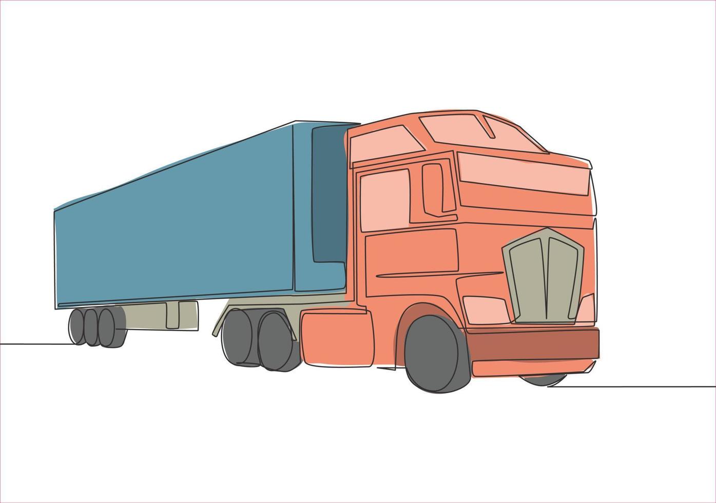ett linje teckning av modern stor trailer lastbil med behållare. kurir frakt leverera fordon transport begrepp. enda kontinuerlig linje dra design vektor