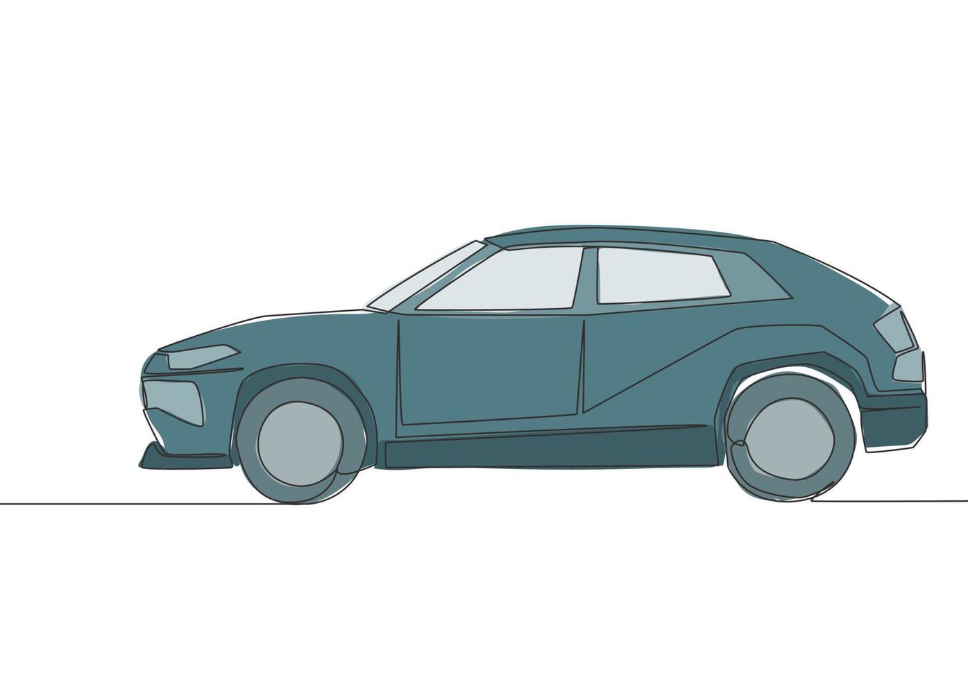 kontinuerlig linje teckning av tuff sUV bil. urban stad fordon transport begrepp. ett enda kontinuerlig linje dra design vektor
