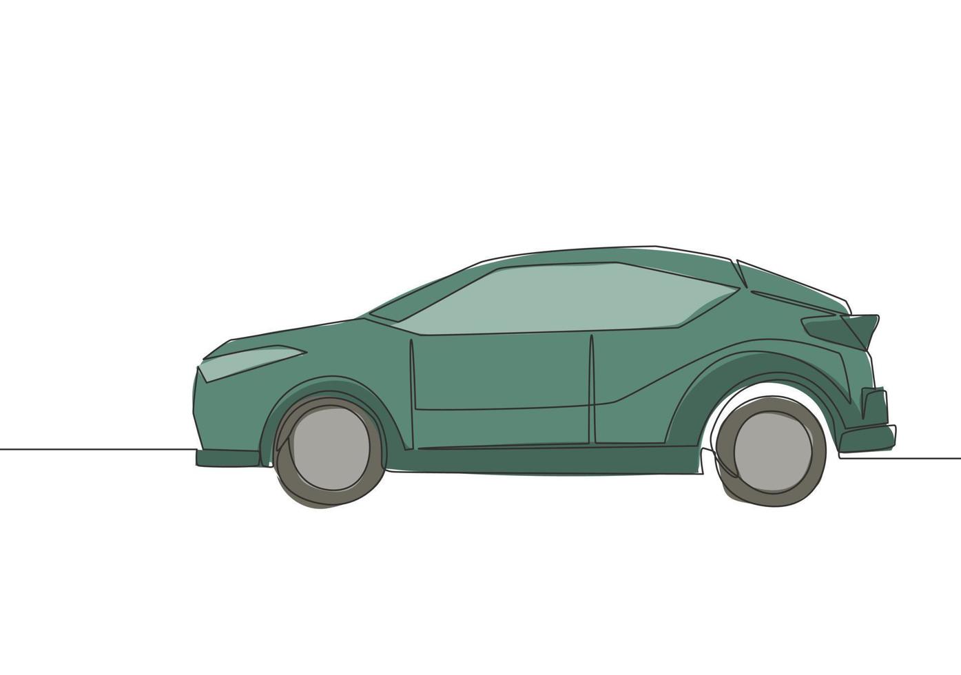 kontinuerlig linje teckning av små och enkel halvkombi bil. urban stad fordon transport begrepp. ett enda kontinuerlig linje dra design vektor