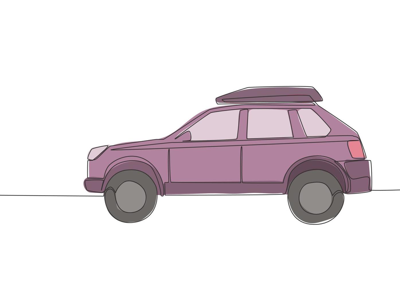 kontinuierlich Linie Zeichnung von zäh suv Auto mit Dach Gestell. Abenteuer Fahrzeug Transport Konzept. einer Single kontinuierlich Linie zeichnen Design vektor