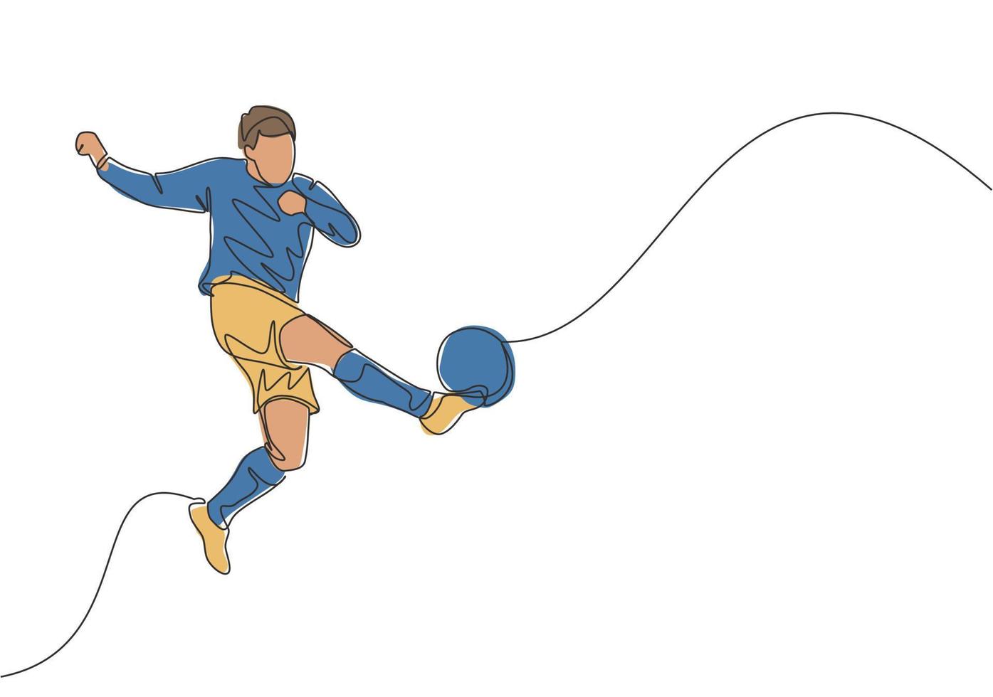 einer Single Linie Zeichnung von jung talentiert Fußball Spieler Sieg das Ball und Schuss das zuerst Zeit Technik trete. Fußball Spiel Sport Konzept. kontinuierlich Linie zeichnen Design Vektor Illustration