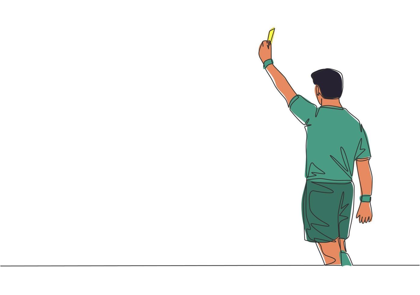 ett enda linje teckning av ung domare bokad en spelare gul kort för de ojust spel på de match. fotboll sporter begrepp. kontinuerlig linje dra design vektor illustration
