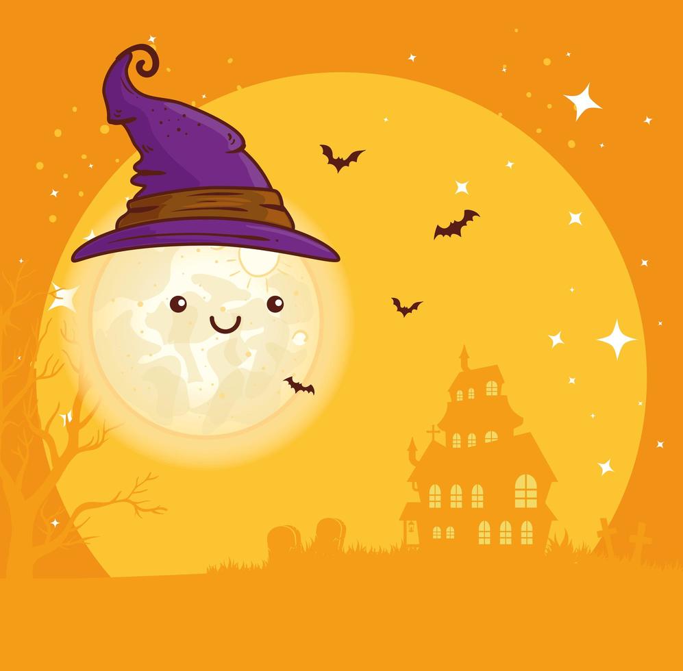 halloween söt måne med häxahatt och spökhus vektor