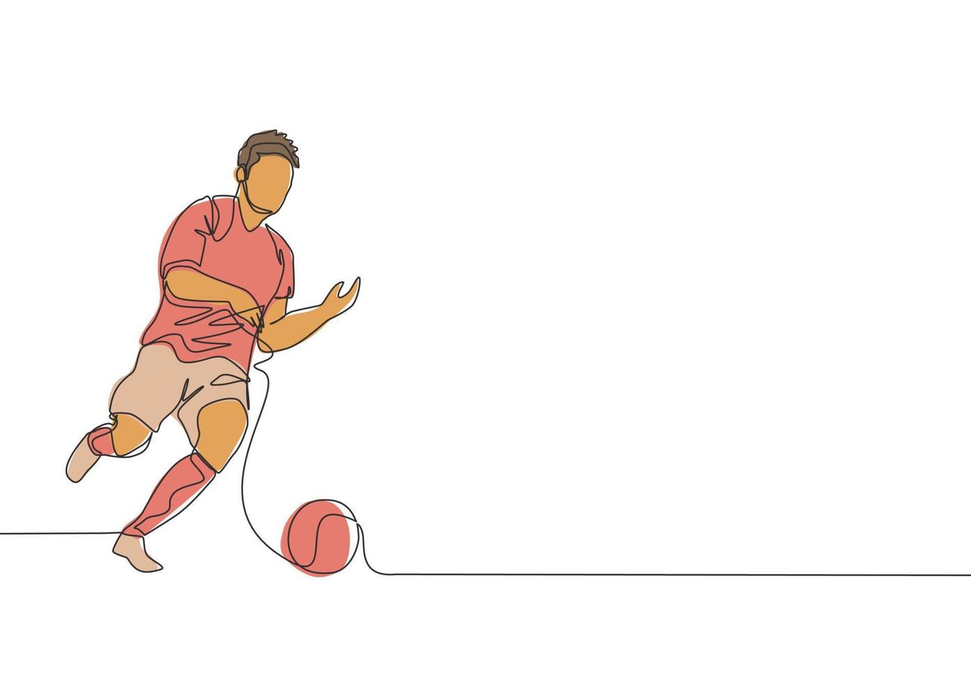 einer Single Linie Zeichnung von jung energisch Fußball Mittelfeldspieler Dribbling das Ball beim das Spiel. Fußball Spiel Sport Konzept. kontinuierlich Linie zeichnen Design Vektor Illustration