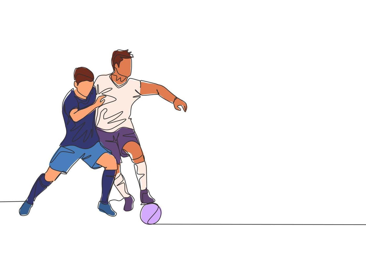 ett kontinuerlig linje teckning av två ung energisk fotboll spelare stridande för de boll på de spel. fotboll match sporter begrepp. enda linje dra design vektor illustration