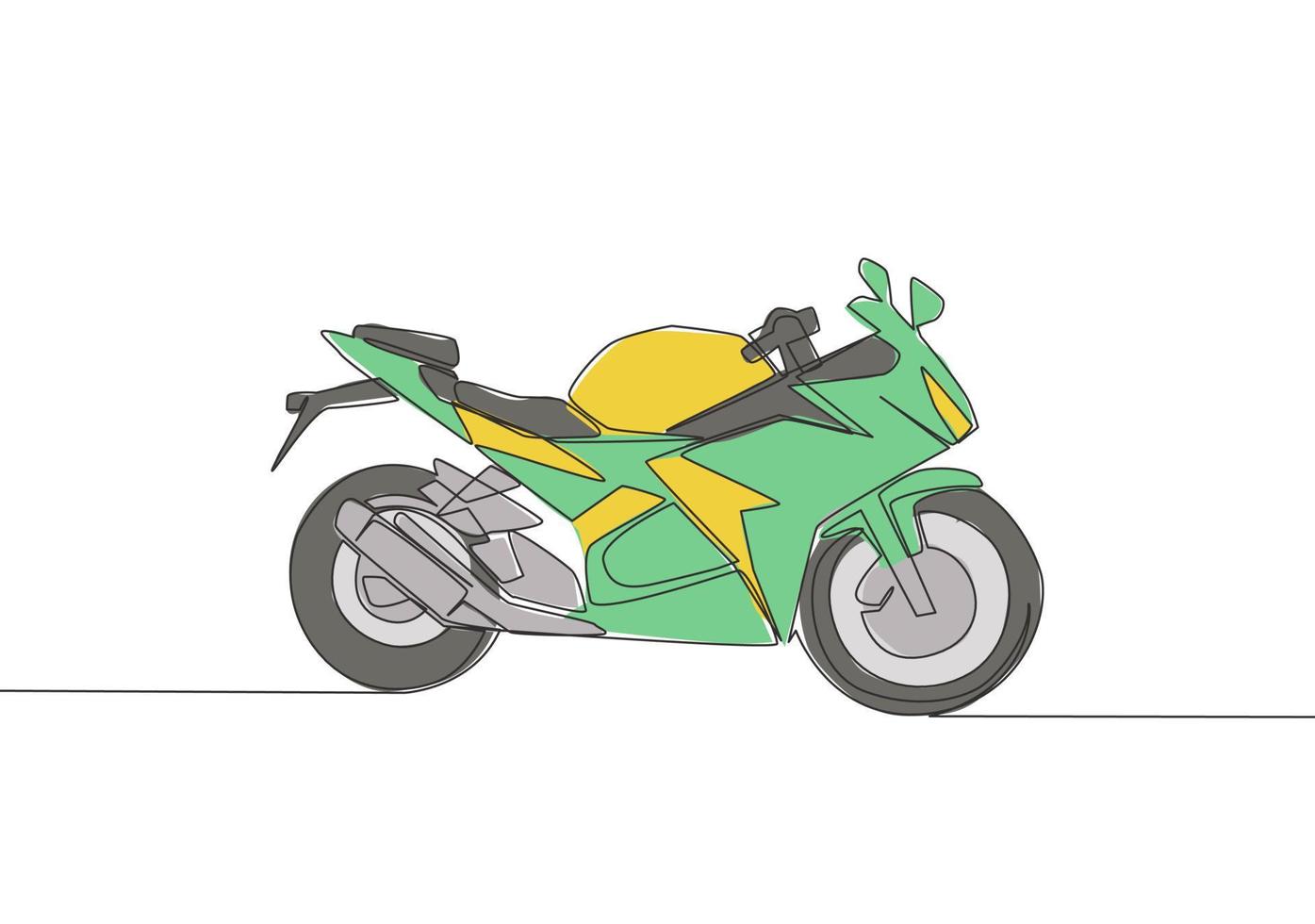ett kontinuerlig linje teckning av lyx sport motorcykel logotyp. stor motorcykel begrepp. enda linje dra design vektor illustration