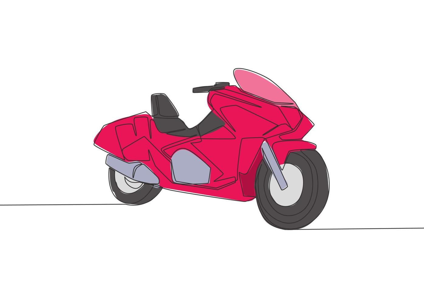 enda kontinuerlig linje teckning av stor sportig lyx motorcykel logotyp. touring motorcykel begrepp. ett linje dra design vektor illustration