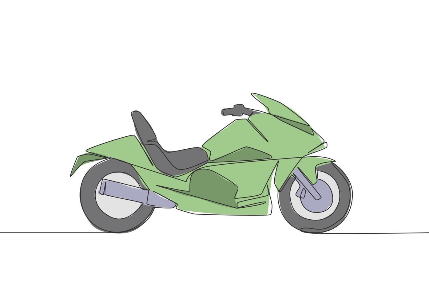 einer Single Linie Zeichnung von Luxus groß Motorrad Logo. Sport Motorrad Konzept. kontinuierlich Linie zeichnen Design Vektor Illustration