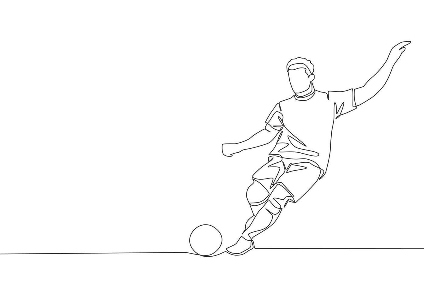 ett kontinuerlig linje teckning av ung begåvad fotboll spelare ta en fri sparka. fotboll match sporter begrepp. enda linje dra design vektor illustration