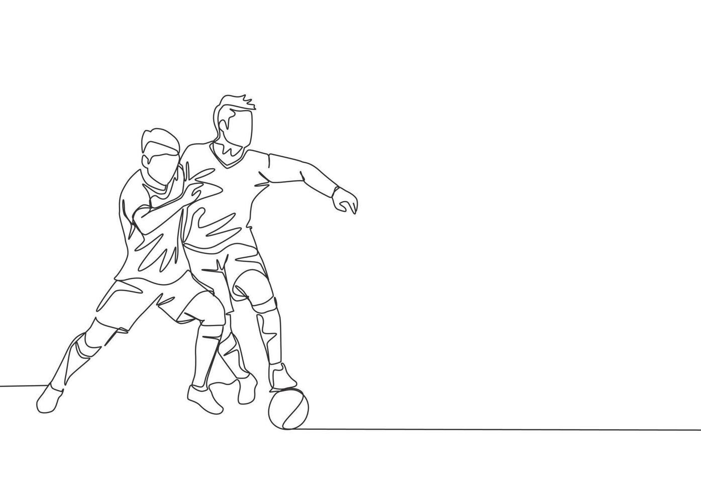 ett kontinuerlig linje teckning av två ung energisk fotboll spelare stridande för de boll på de spel. fotboll match sporter begrepp. enda linje dra design vektor illustration