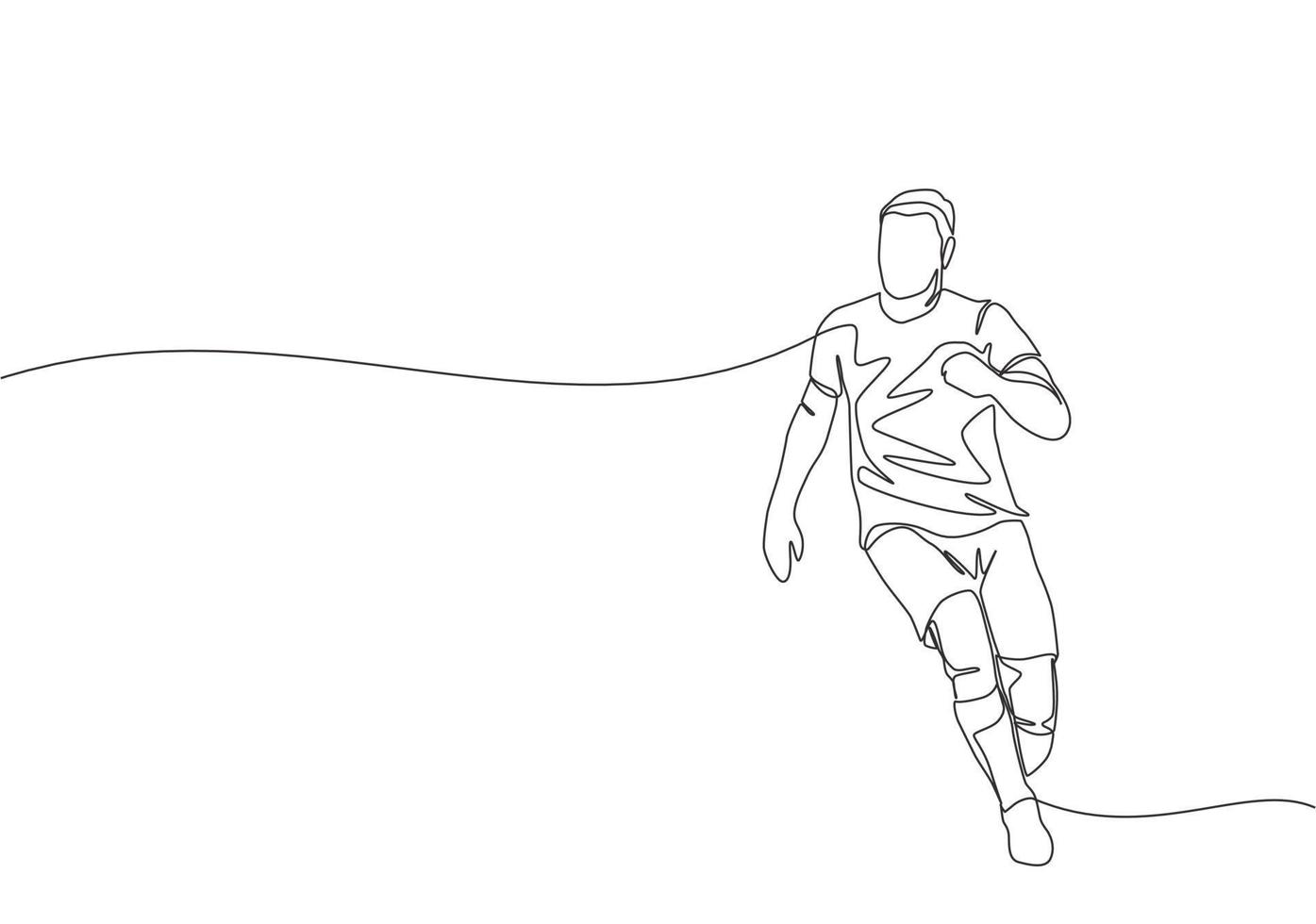 enda kontinuerlig linje teckning av ung energisk fotboll spelare löpning till jaga de boll på de spel. fotboll match sporter begrepp. ett linje dra design vektor illustration