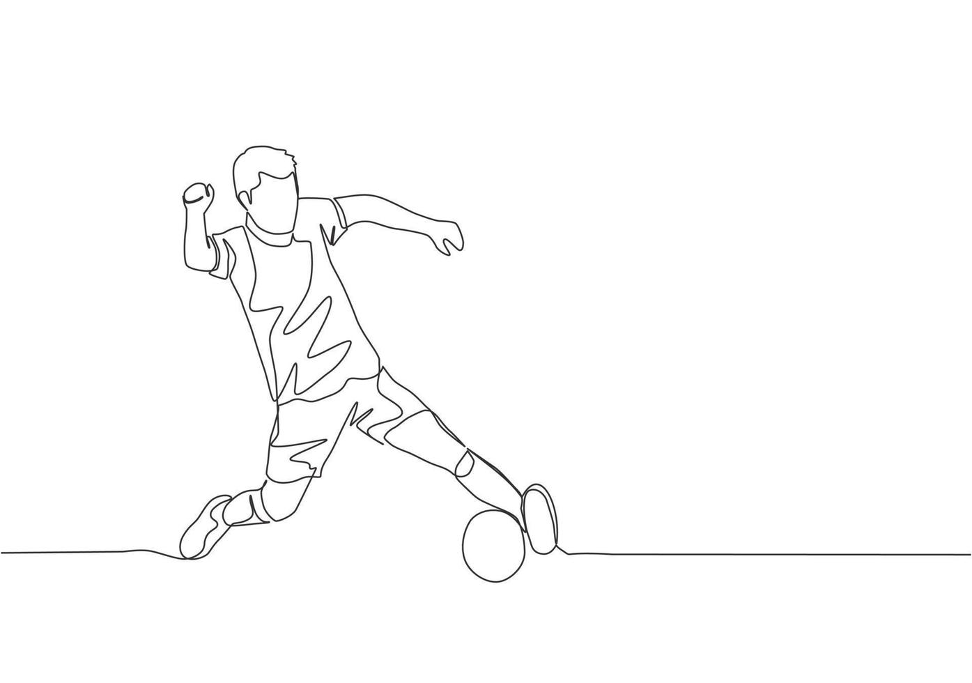 ett enda linje teckning av ung fotboll spelare med kort ärm skjorta Träning till kontrollera de boll. fotboll match sporter begrepp. kontinuerlig linje dra design vektor illustration