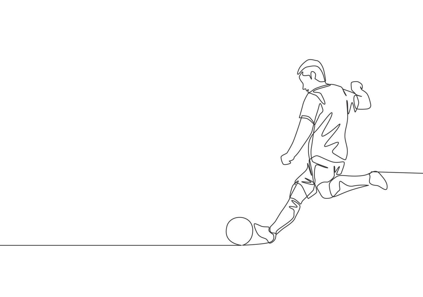 einer Single Linie Zeichnung von jung energisch Fußball Stürmer nehmen ein kostenlos trete schießen beim das Spiel. Fußball Spiel Sport Konzept. kontinuierlich Linie zeichnen Design Vektor Illustration