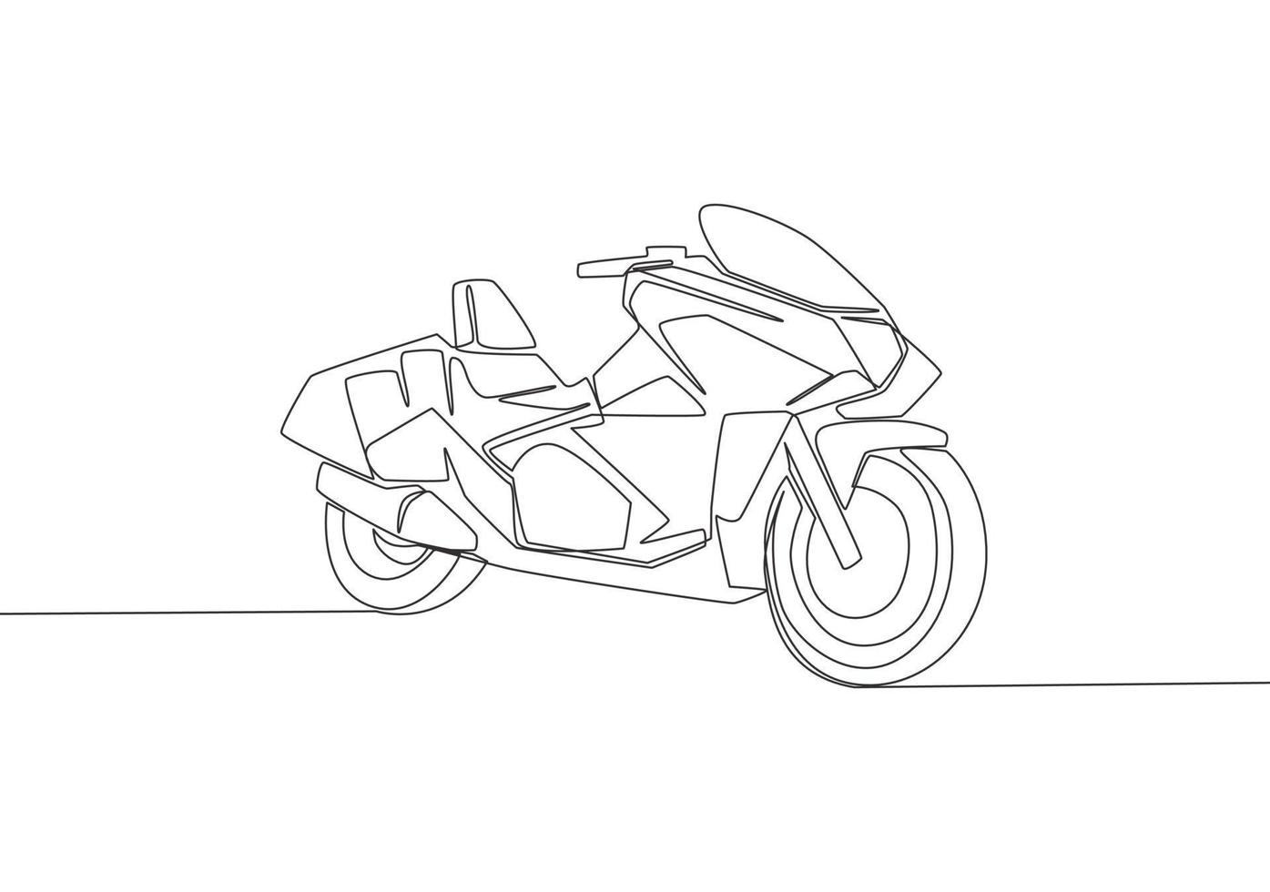 Single kontinuierlich Linie Zeichnung von groß sportlich Luxus Motorrad Logo. Touring Motorrad Konzept. einer Linie zeichnen Design Vektor Illustration